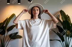 Woman wearing neutral t-shirt and hat Product Image 1