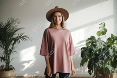 Woman wearing oversized pink t-shirt and hat Product Image 1