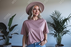 Woman wearing pink t shirt and hat mockup Product Image 1