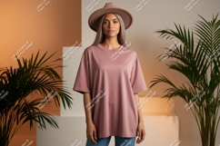 Woman wearing pink oversized t shirt and hat image Product Image 1