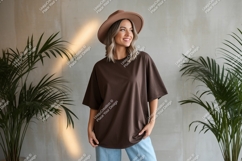 Woman wearing brown t-shirt and hat casual Product Image 1