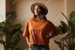 Woman wearing orange t shirt and hat image Product Image 1
