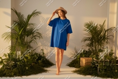 Woman wearing blue t shirt dress and hat t-shirt Product Image 1