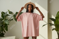 Woman wearing pink oversized t shirt and hat image Product Image 1