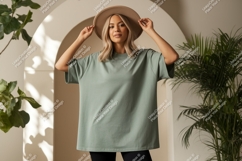 Woman wearing casual green t-shirt and hat Product Image 1