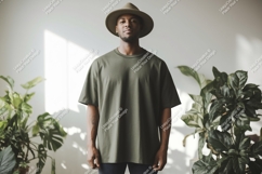 Man wearing olive green t shirt and hat image Product Image 1