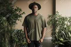 Man wearing olive green t shirt and hat image Product Image 1