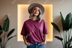 Woman wearing maroon t-shirt and hat Product Image 1