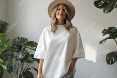 Woman wearing casual white t shirt and hat image Product Image 1