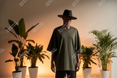 Man wearing olive green t-shirt and black hat image Product Image 1