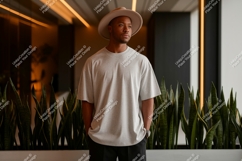 Man wearing grey t-shirt and hat plants Product Image 1
