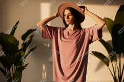 Woman wearing pink t-shirt and hat fashion Product Image 1