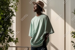 Man wearing mint green t shirt and beige hat image Product Image 1