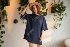 Woman wearing navy t shirt and hat image Product Image 1