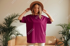 Woman wearing magenta t shirt and hat image Product Image 1