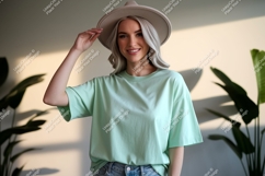 Woman wearing mint green t shirt and hat image Product Image 1