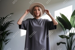Woman wearing grey t shirt and hat image Product Image 1