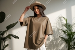 Woman wearing plain t shirt and hat fashion Product Image 1