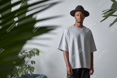 Man wearing grey t shirt and black hat t-shirt Product Image 1