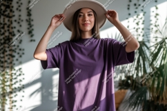 Woman wearing purple t-shirt and hat Product Image 1