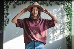 Woman wearing maroon t shirt and hat Product Image 1
