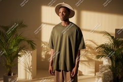 Man wearing olive green t shirt and tan hat image Product Image 1