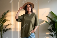 Woman wearing olive green t shirt and hat image Product Image 1