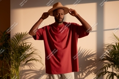 Man wearing red t-shirt and hat fashion Product Image 1