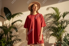 Woman wearing oversized red t-shirt and hat Product Image 1