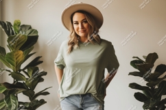 Woman wearing olive green t shirt and hat t-shirt plants Product Image 1