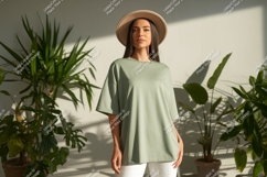 Woman wearing green t shirt and hat image Product Image 1