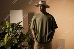 Man wearing olive t shirt and hat image Product Image 1