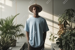 Man wearing light blue t-shirt and hat plants Product Image 1