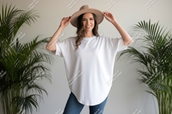 Woman wearing white t shirt and hat t-shirt casual Product Image 1