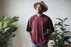 Man wearing maroon t-shirt and hat casual Product Image 1
