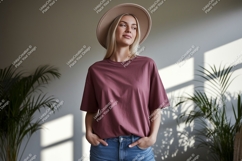 Woman wearing oversized t shirt and hat jeans Product Image 1