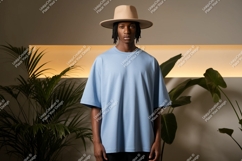 Man wearing blue t shirt and hat image Product Image 1