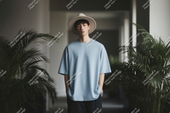 Man wearing light blue t shirt and hat image Product Image 1