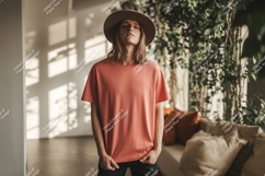 Man wearing coral t shirt and hat image Product Image 1