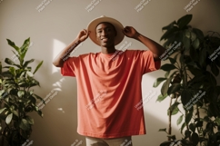 Man wearing coral t shirt and hat image Product Image 1