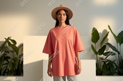 Woman wearing coral t shirt and hat image Product Image 1