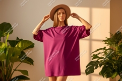 Woman wearing magenta t shirt and hat image Product Image 1