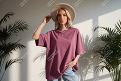 Woman wearing oversized plum t shirt and hat image Product Image 1