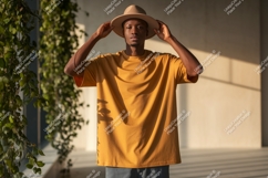 Man wearing mustard t shirt and hat image Product Image 1