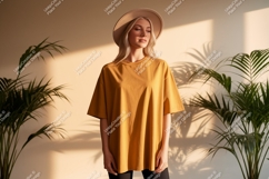 Woman wearing mustard oversized t shirt and hat image Product Image 1