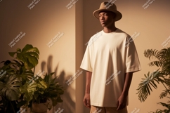 Man wearing cream t-shirt and hat plants Product Image 1