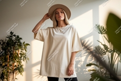 Woman wearing oversized cream t shirt and hat image Product Image 1