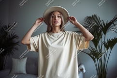 Woman wearing beige t shirt and hat t-shirt fashion Product Image 1