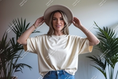 Woman wearing cream t shirt and hat image Product Image 1