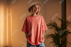 Woman wearing coral t shirt and hat image Product Image 1